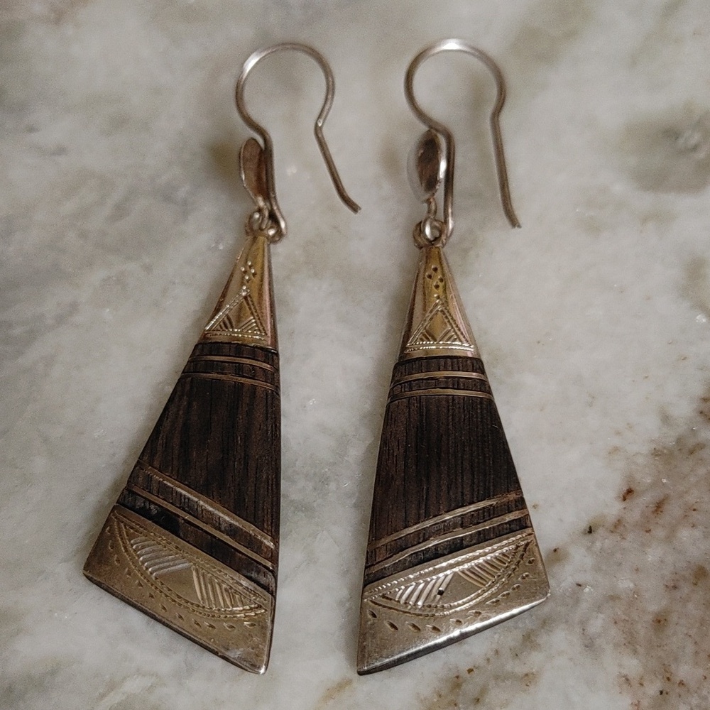 African Earrings Tuareg Tribe Wood & Sterling Dangles